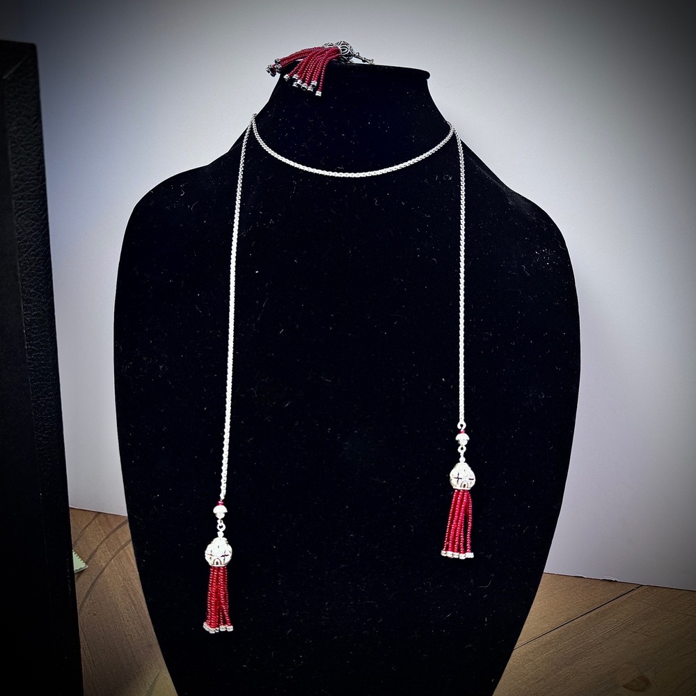 Long Silver Tone Tassel Necklace Earrings Red Seed‎ Bead Filigree